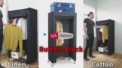 art moon Buffalo - Schwerlast Faltschrank Kleiderschrank, mit Abdeckung, bis 70 kg, Stabil Kleiderschrank auf Rollen, 2 Ablagen, Schwarz Baumwolle