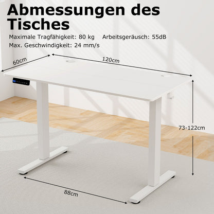 Costway - Höhenverstellbarer Schreibtisch 120 x 60 cm elektrischer Stehschreibtisch Rustikales Weiß