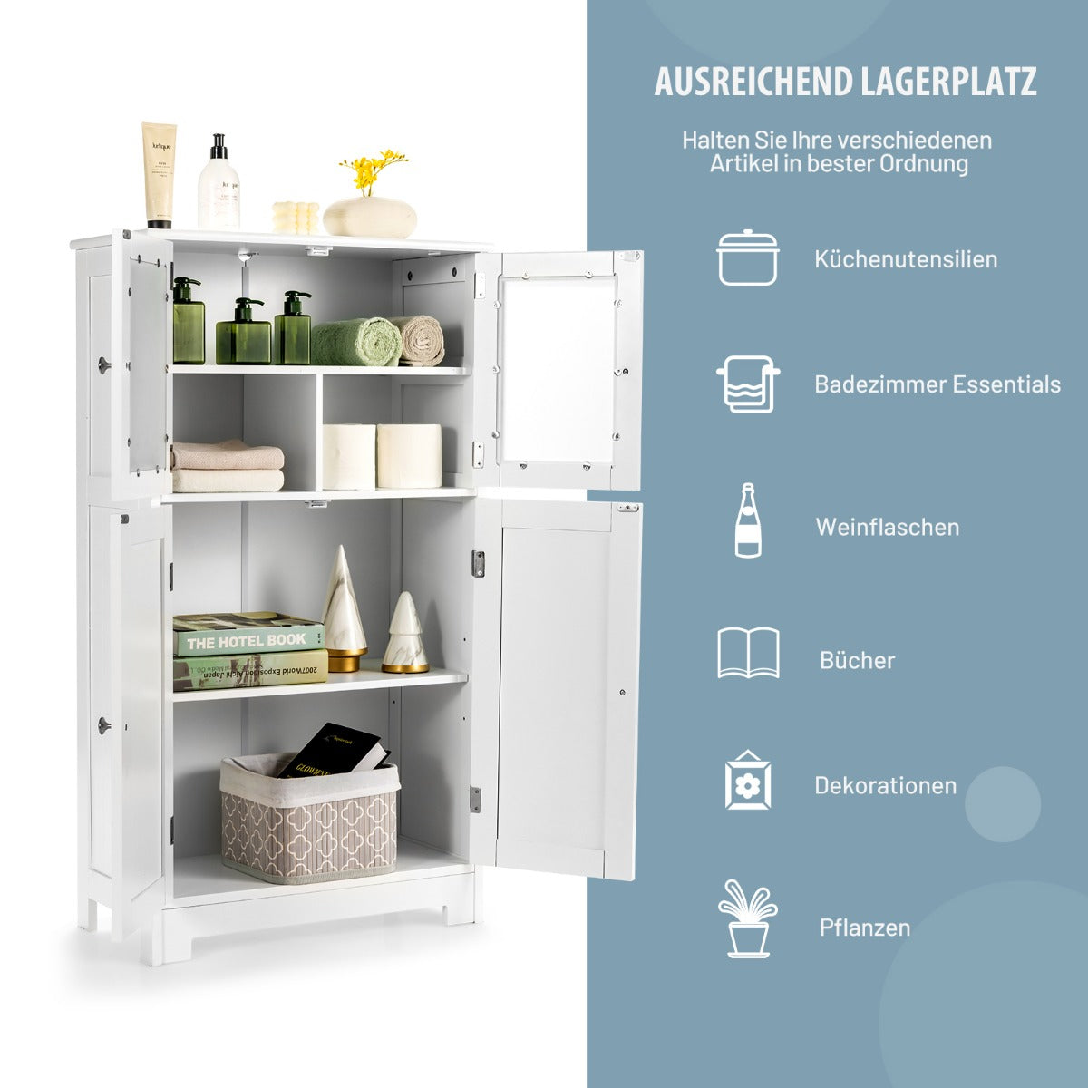 Badezimmerschrank, 4-Türiger Freistehender Aufbewahrungsschrank mit Glastüren, Weiß, Costway, 4