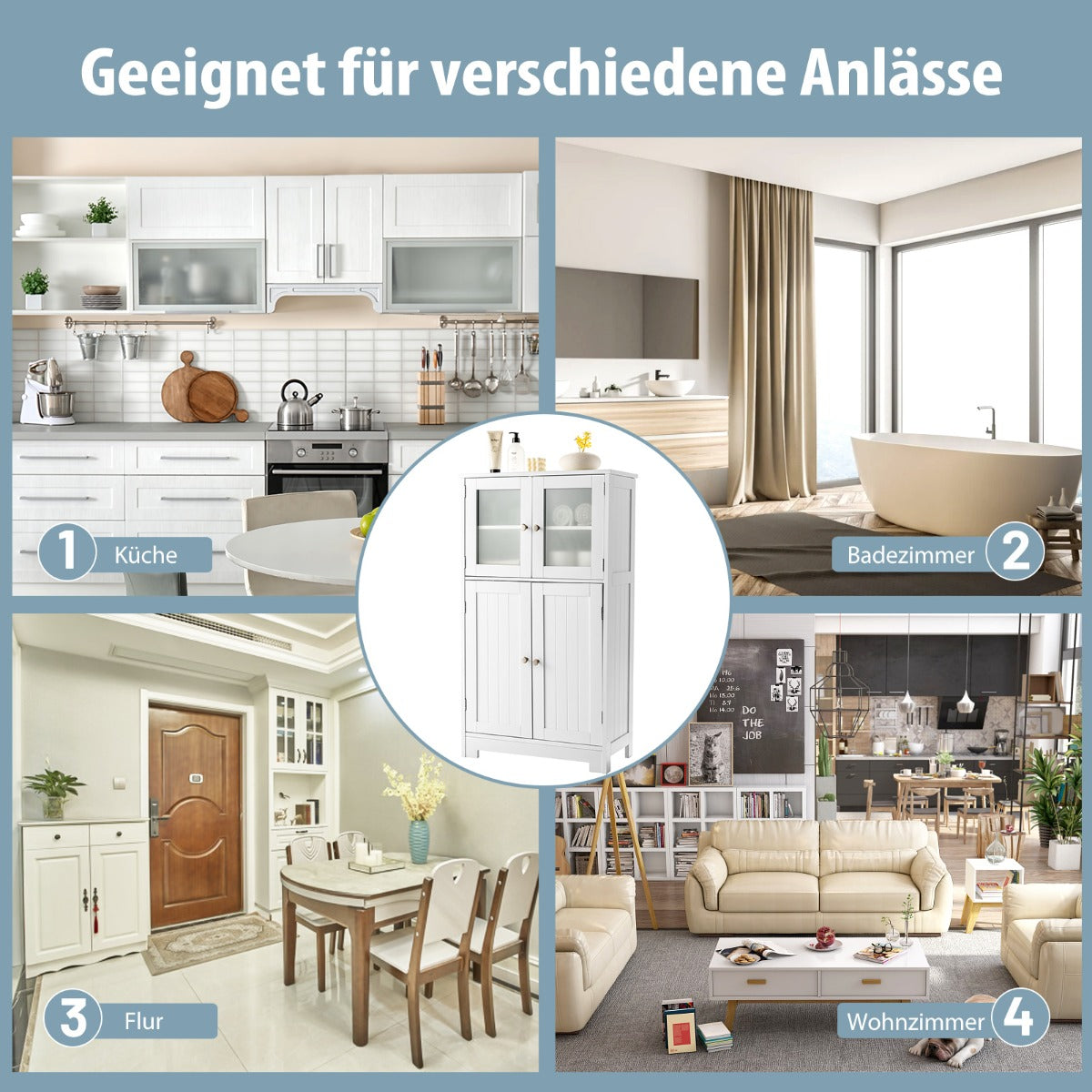 Badezimmerschrank, 4-Türiger Freistehender Aufbewahrungsschrank mit Glastüren, Weiß, Costway, 7