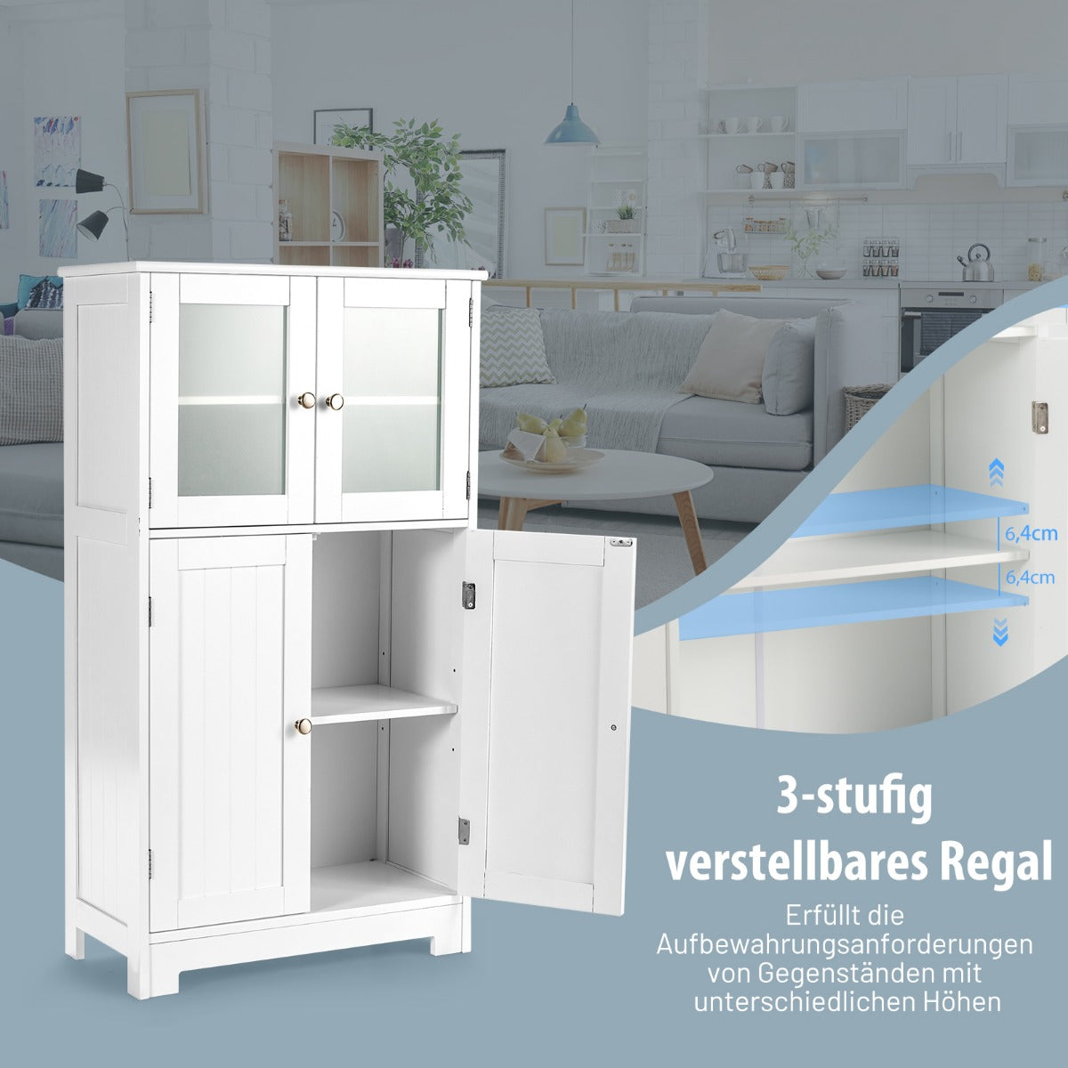 Badezimmerschrank, 4-Türiger Freistehender Aufbewahrungsschrank mit Glastüren, Weiß, Costway, 3