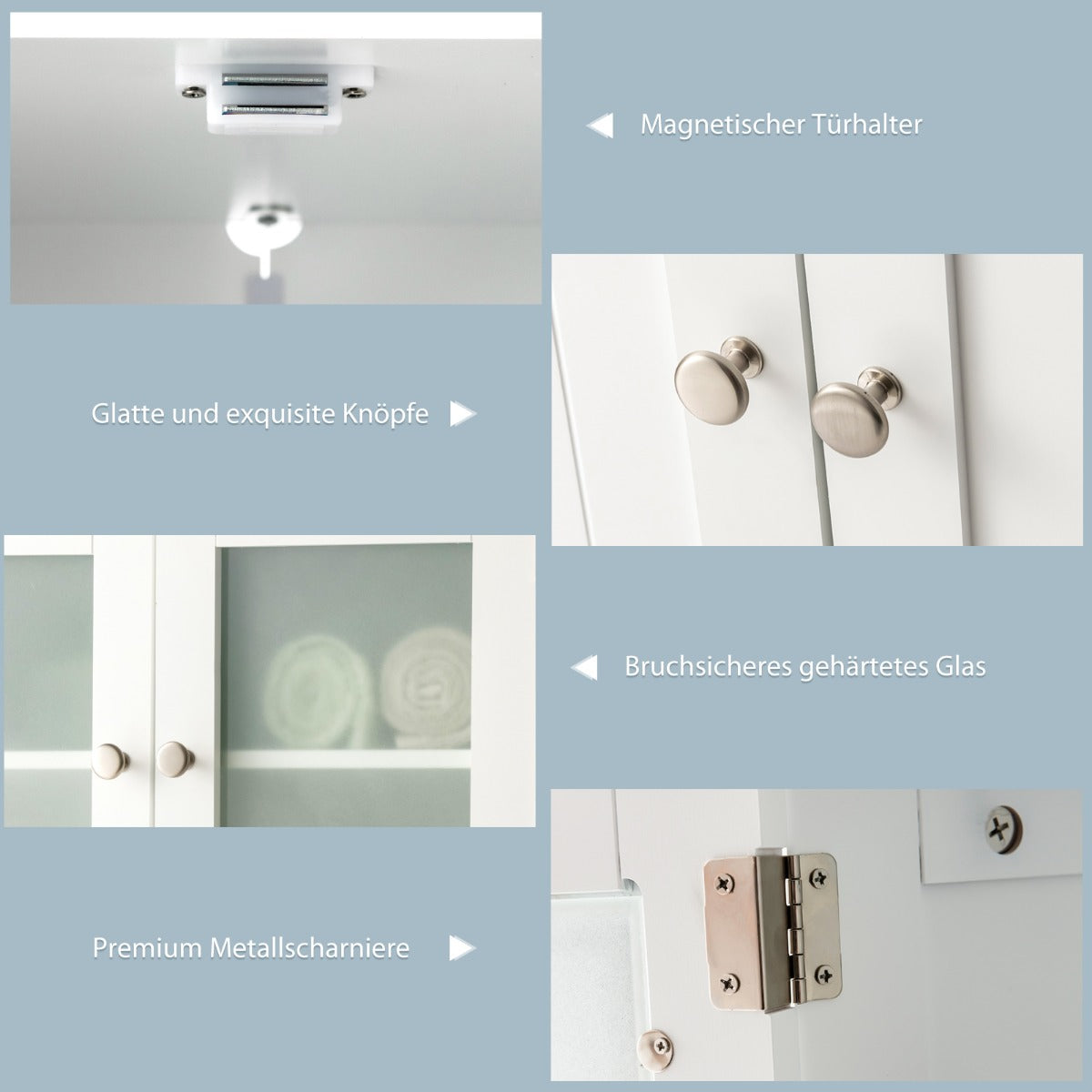 Badezimmerschrank, 4-Türiger Freistehender Aufbewahrungsschrank mit Glastüren, Weiß, Costway, 6