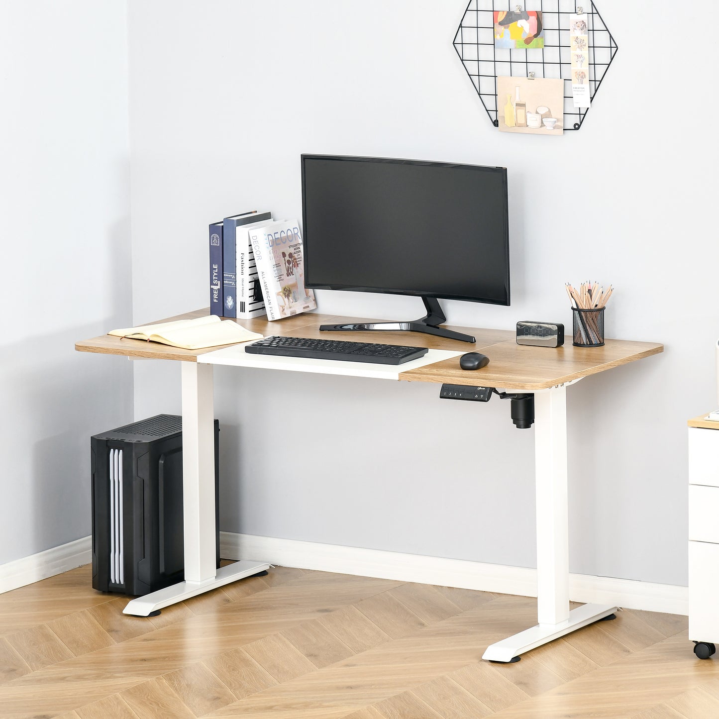 Vinsetto - Computertisch  Elektrischer Schreibtisch, Stehschreibtisch, höhenverstellbar, Tischgestell mit Motor, Metall, Natur+Weiß