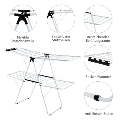 Wäscheständer klappbar, 2-Stufiger, Wäscheständer platzsparend, mit Höhenverstellbaren Flügeln,Wäscheständer balkon, Weiß, Costway, 8