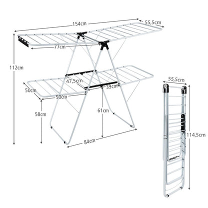 Wäscheständer klappbar, 2-Stufiger, Wäscheständer platzsparend, mit Höhenverstellbaren Flügeln,Wäscheständer balkon, Weiß, Costway, 4