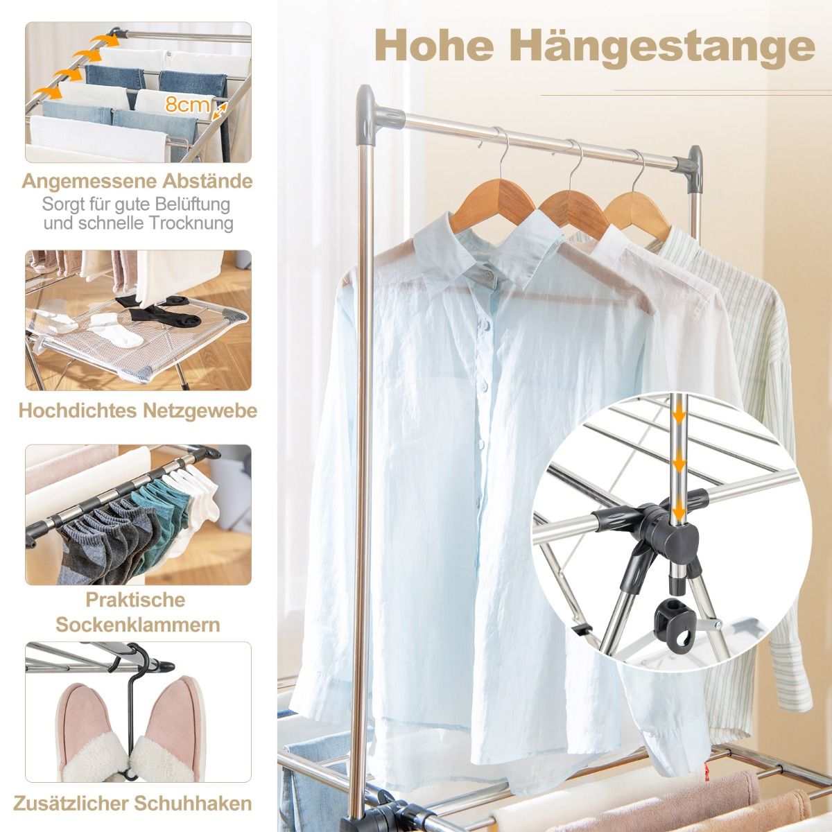 Wäscheständer, mit kleiderstange 2-stufiger, Wäscheständer balkon, Edelstahl, Wäscheständer stabil, Silber, Costway, 2