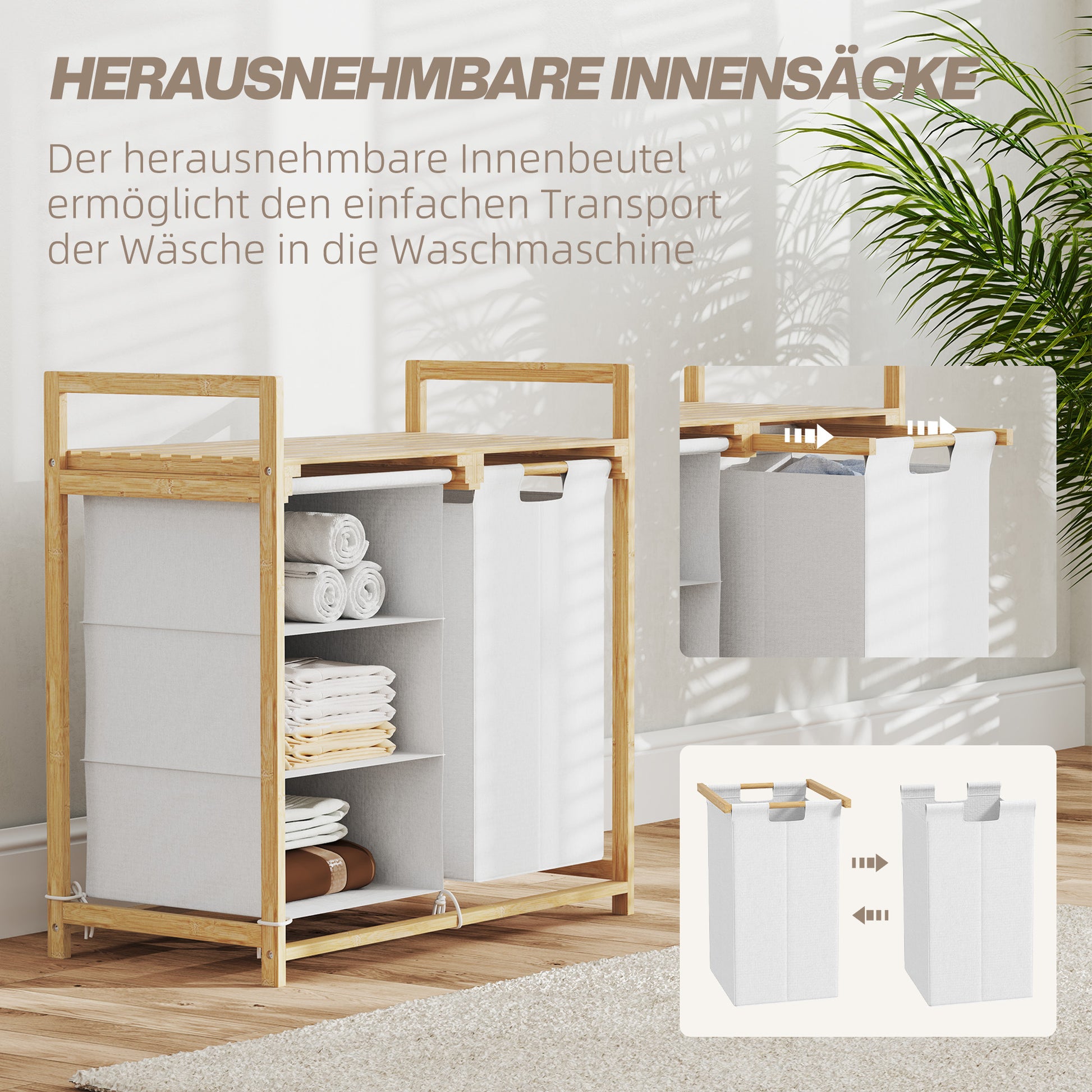 Wäschekorb, 83L, Wäschesammler, 4 Fächer, Wäschebox, Badezimmer Regal, mit offene Ablagen, Bambus, Weiß, HOMCOM, 5